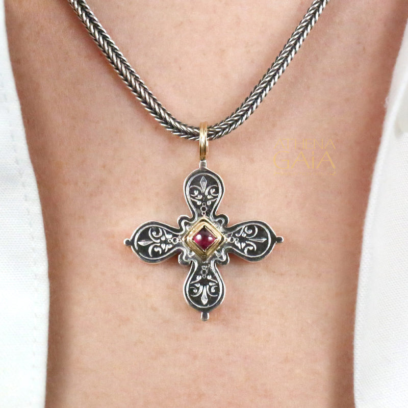 Rounded Fleury Greek Cross - 18k Gold & Sterling Silver - Greek Cross