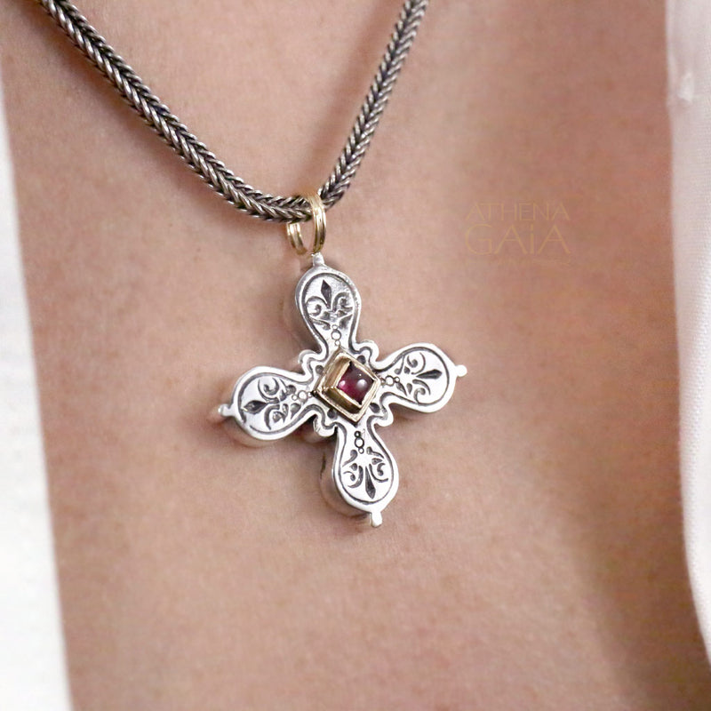 Rounded Fleury Greek Cross - 18k Gold & Sterling Silver - Greek Cross