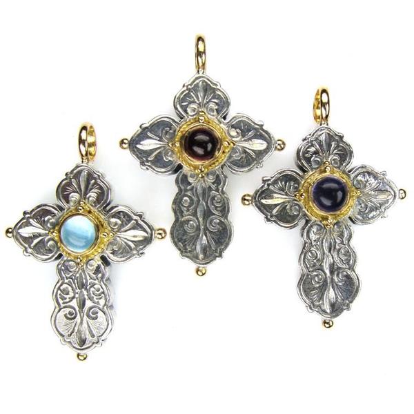 Rustic Center Stone Orthodox Cross- 18k Gold and Sterling Silver - Cross Necklace