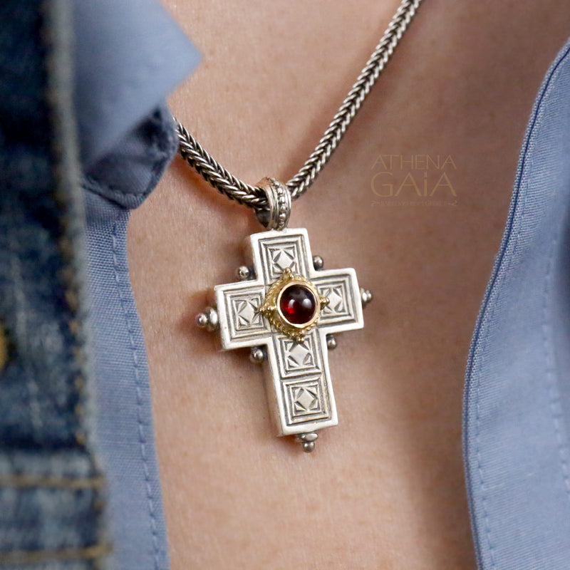 Rustic Center Stone Silver Cross- Sterling Silver & 18k Gold - Latin Cross