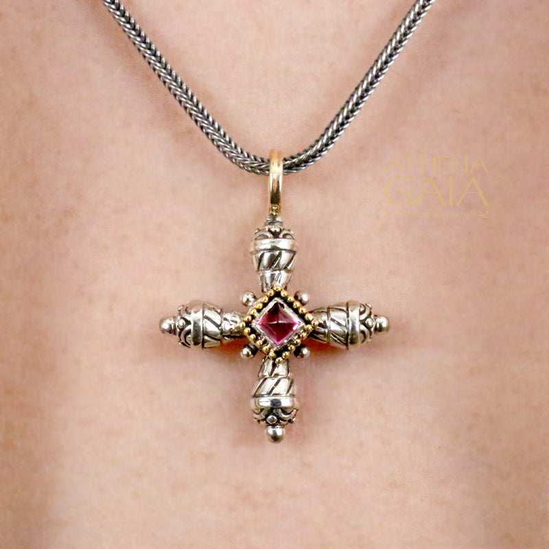 Mini Etched Pomme Cross - 18k Gold & Sterling Silver - Greek Cross Necklace