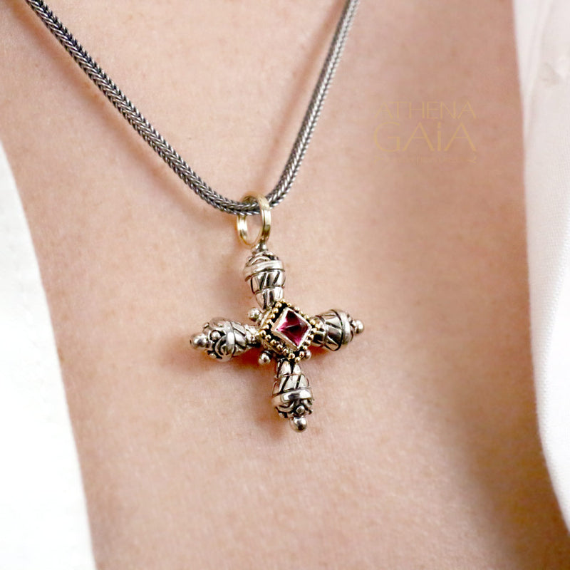 Mini Etched Pomme Cross - 18k Gold & Sterling Silver - Greek Cross Necklace