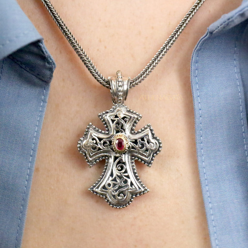 Garden Shadows Ruby Cross (Medium) - Sterling Silver & 18k Gold - Flared Cross