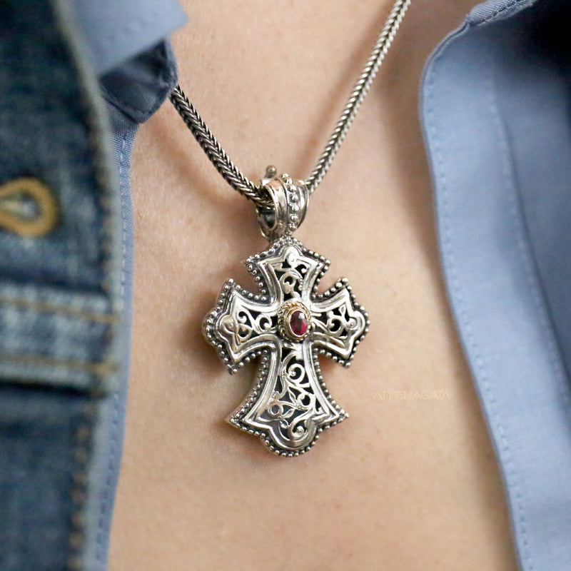 Garden Shadows Ruby Cross (Medium) - Sterling Silver & 18k Gold - Flared Cross