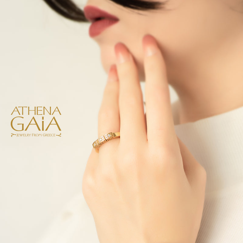 Mythical Greek Key Diamonds 3 Section Band Ring - 18k Gold Ring - Stackable Ring