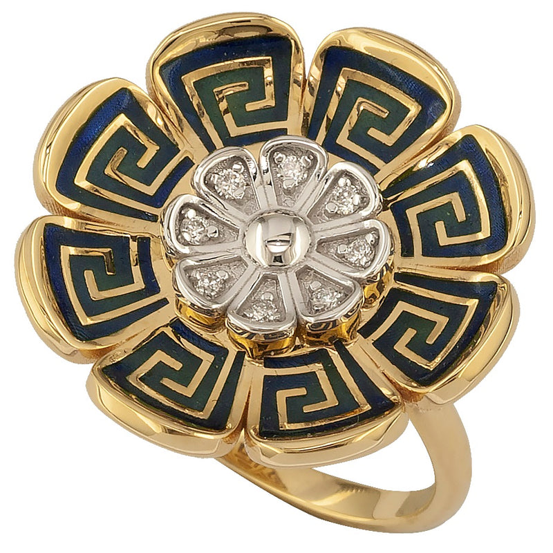 Mythical Anemone Enamel Key with Diamonds Ring - 18k Gold Ring - Cocktail Ring