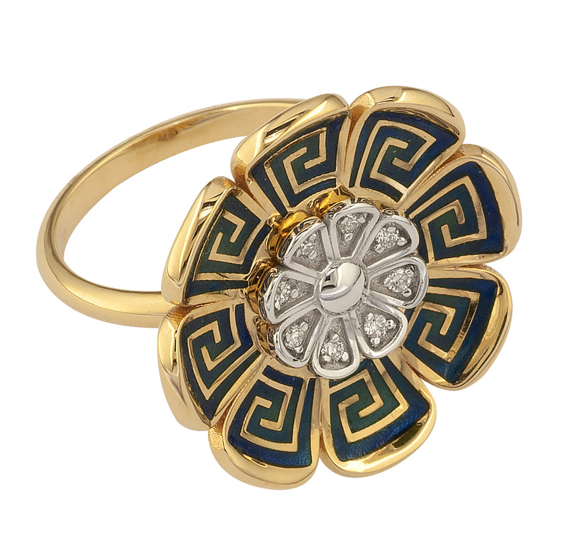 Mythical Anemone Enamel Key with Diamonds Ring - 18k Gold Ring - Cocktail Ring