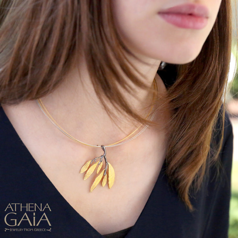 Olive Leaf Cluster Necklace - Gold Plated Sterling Silver Necklace