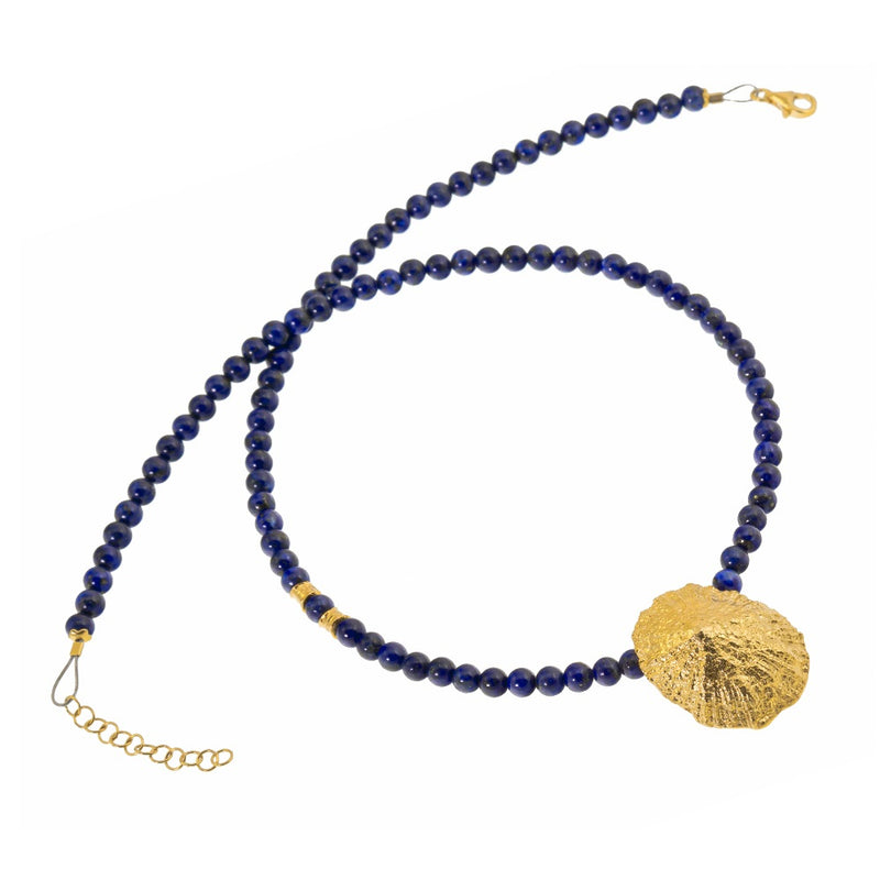 Seashell Lapis Beaded Necklace - Gold Plated Sterling Silver