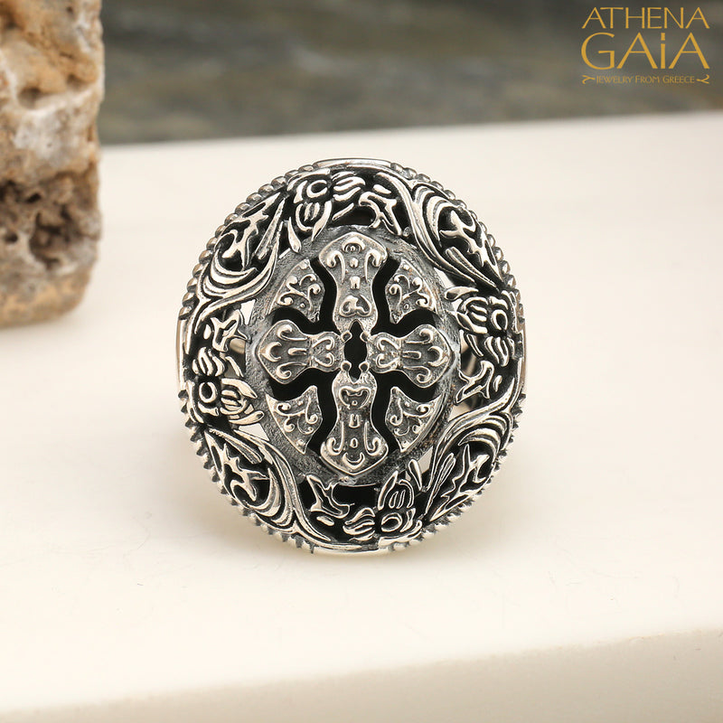 Aeraki Cross Ring - Sterling Silver Ring - Club Ring