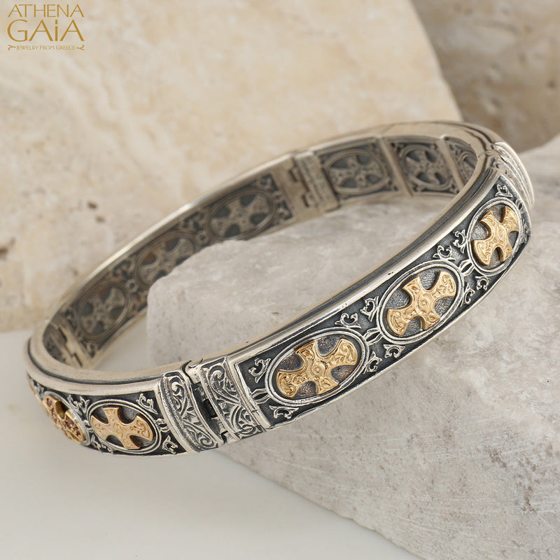 Patmos Gemstone Cross Bracelet - 18k Gold and Sterling Silver - Flex Bangle Bracelet