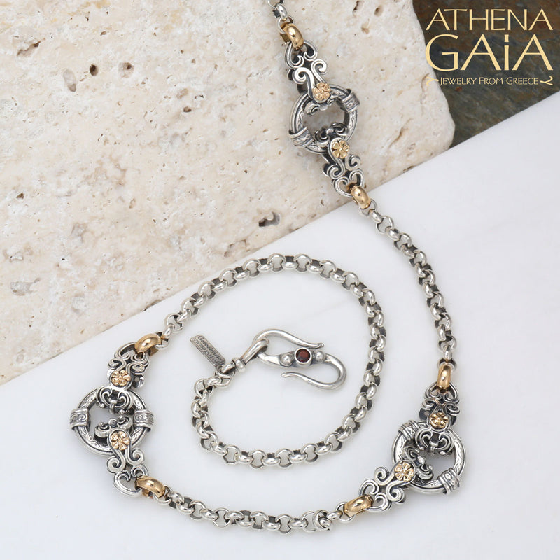 Gold Flower Circle Station Necklace - 18k Gold & Sterling Silver Necklace