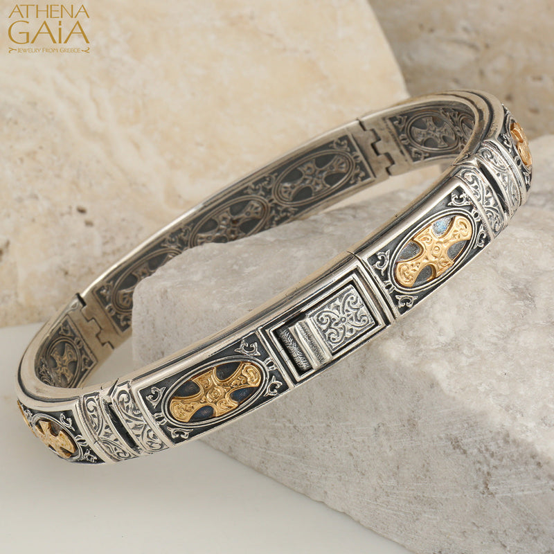 Patmos Gemstone Cross Bracelet - 18k Gold and Sterling Silver - Flex Bangle Bracelet