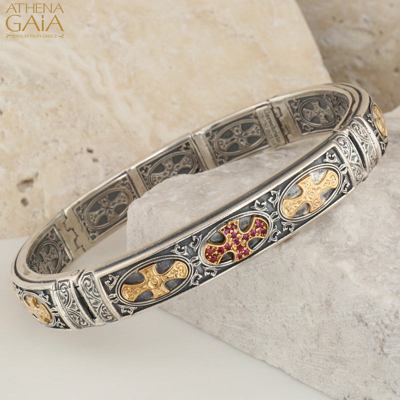 Patmos Gemstone Cross Bracelet - 18k Gold and Sterling Silver - Flex Bangle Bracelet