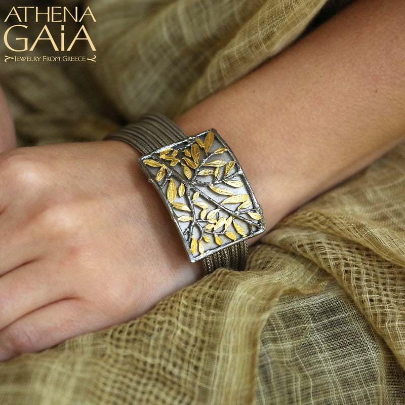 Tetragano Olive Tree Bracelet (Large) - Gold Plated Sterling Silver - Cuff Bracelet