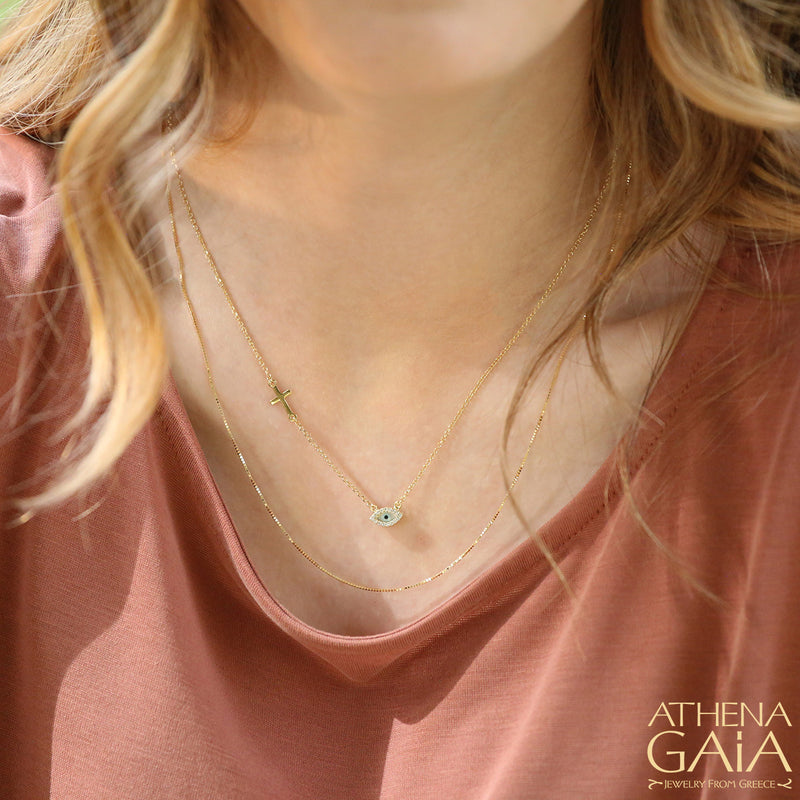 Cross & Angeliki White Matiaki Evil Eye Necklace - 14k Gold Necklace