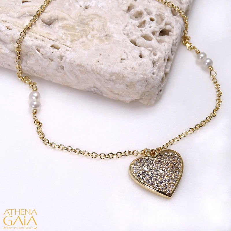 Pave Stoned Heart Necklace - 14k Gold Necklace
