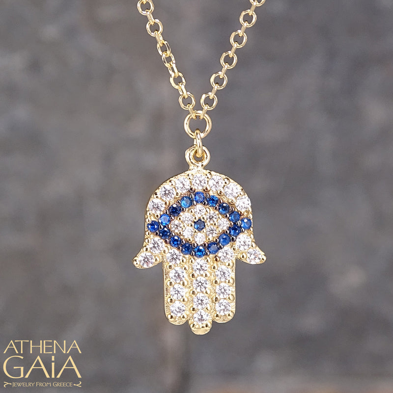 Hand of Fatima Evil Eye Necklace - 14k Gold Necklace