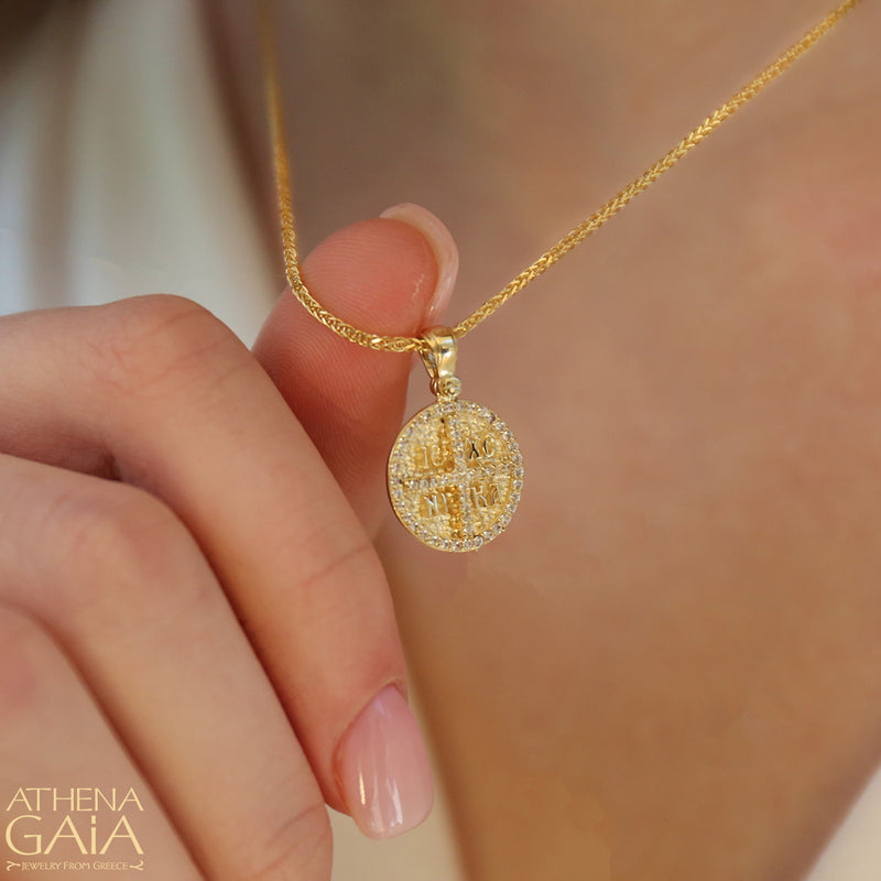 ICXC NIKA Full Stone Circular Konstantinata Cross - 14k Gold