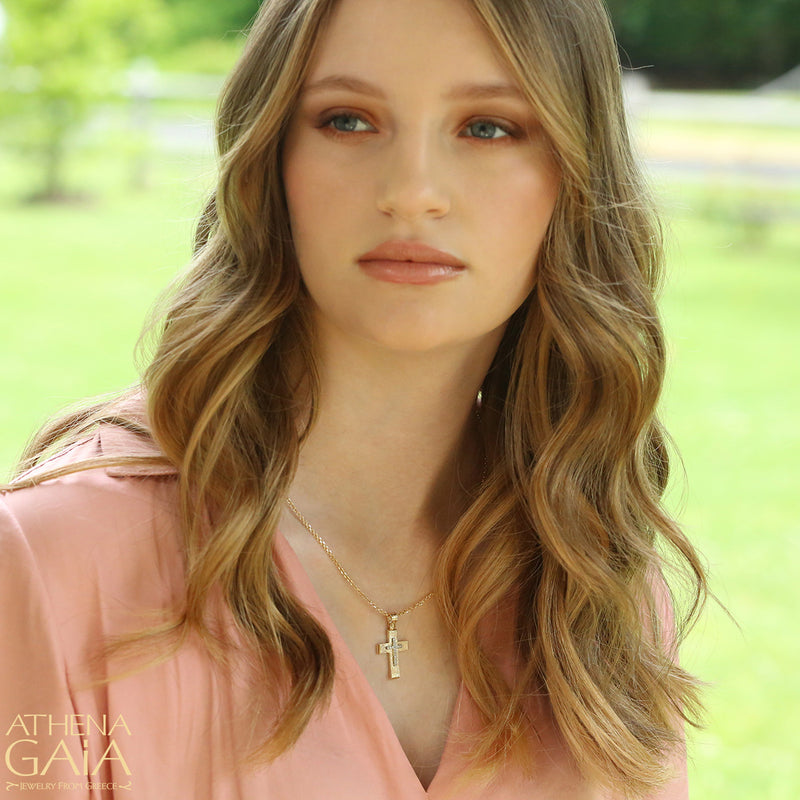 Cross on Etched Cross - 14k Gold - Latin Cross - Baptismal Cross