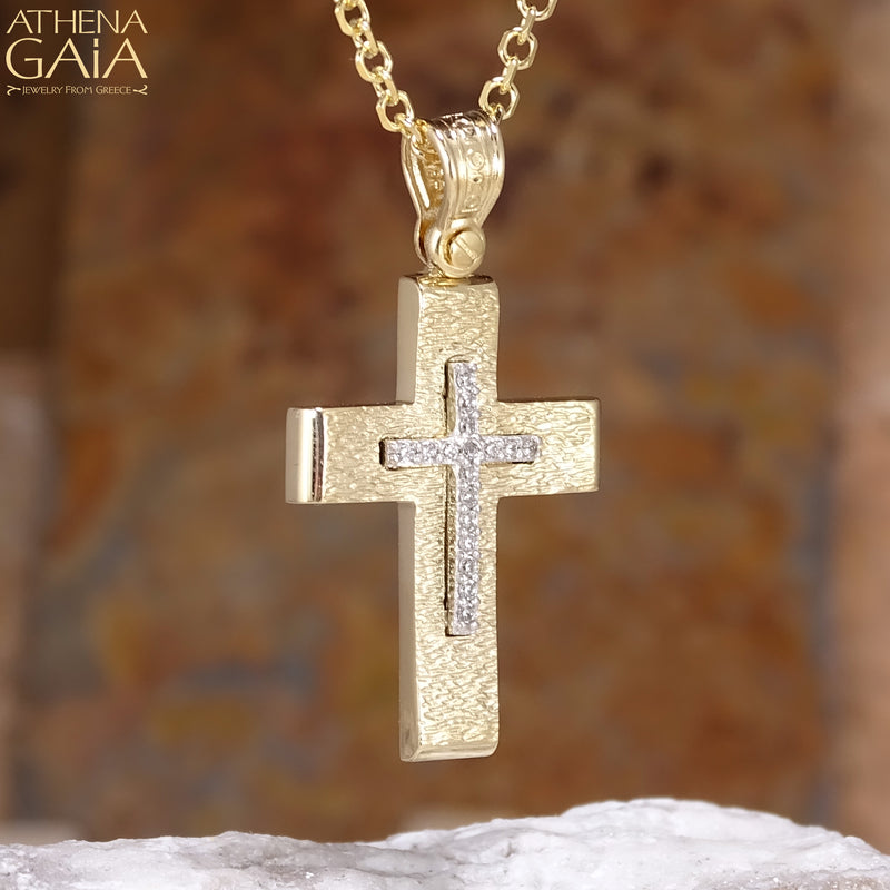 Cross on Etched Cross - 14k Gold - Latin Cross - Baptismal Cross