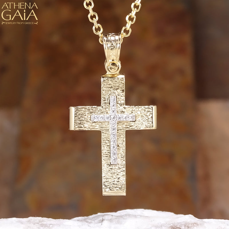 Cross on Etched Cross - 14k Gold - Latin Cross - Baptismal Cross