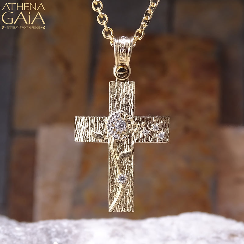 Flower Cross - 14k Gold - Latin Cross - Baptismal Cross