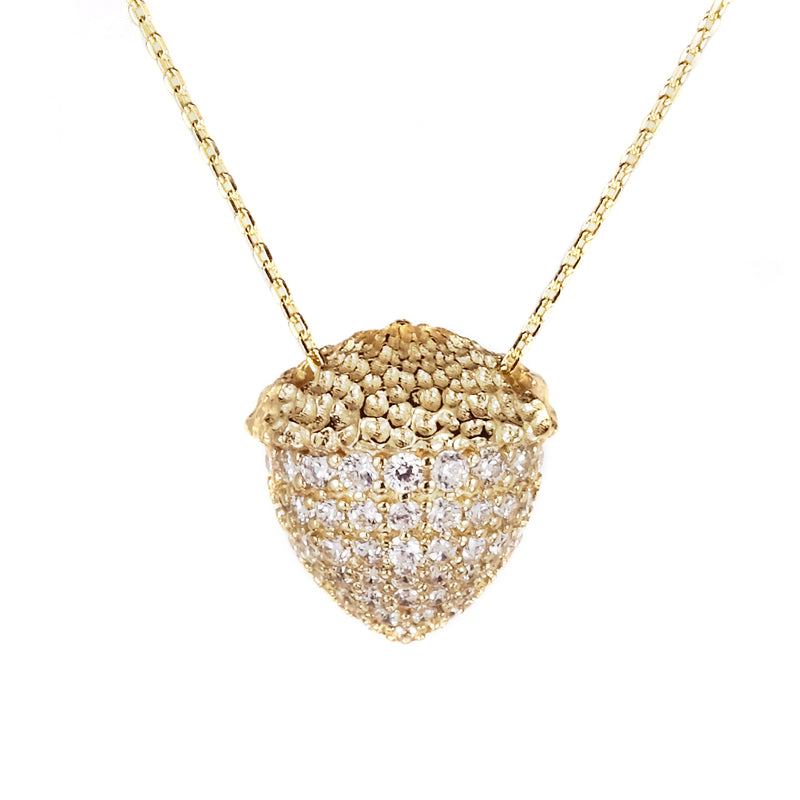 Pave Stoned Acorn Necklace - 14k Gold Necklace