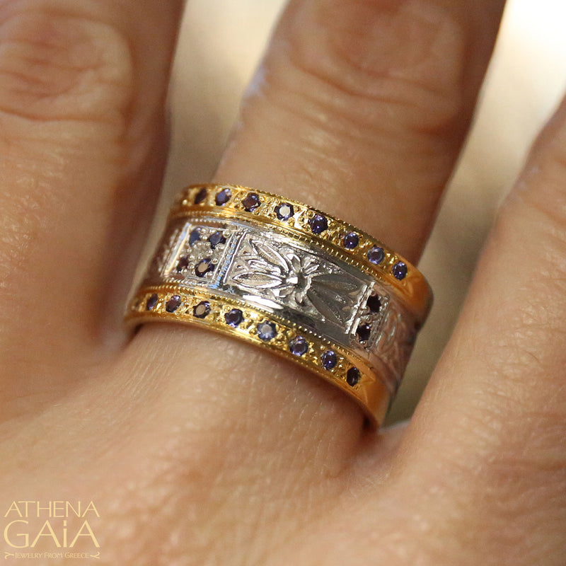 Anthemion Double Row Ring - 18k Gold & Sterling Silver Ring - Cigar Band Ring