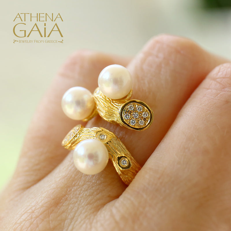 Four Seasons Winter Pearl Ring - 18k Gold Ring - Cocktail Ring