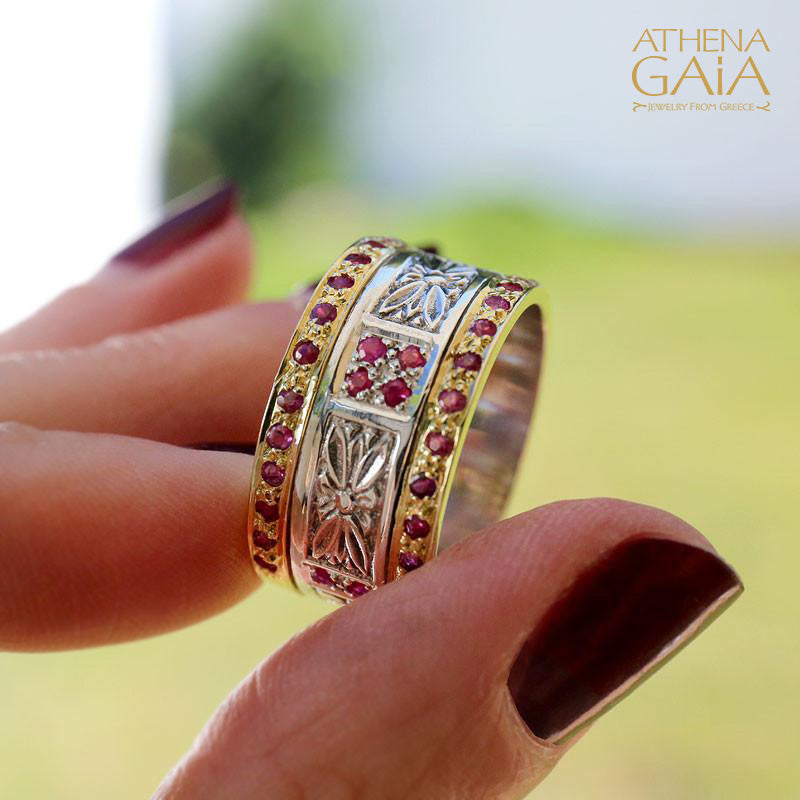 Anthemion Double Row Ring - 18k Gold & Sterling Silver Ring - Cigar Band Ring