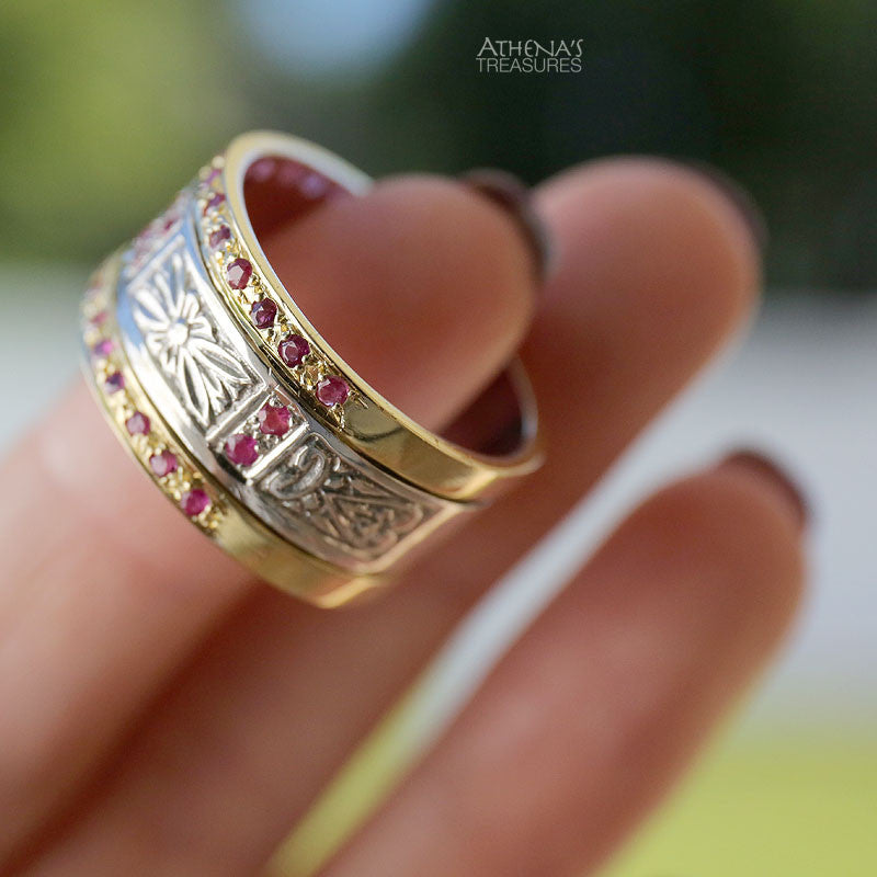 Anthemion Double Row Ring - 18k Gold & Sterling Silver Ring - Cigar Band Ring