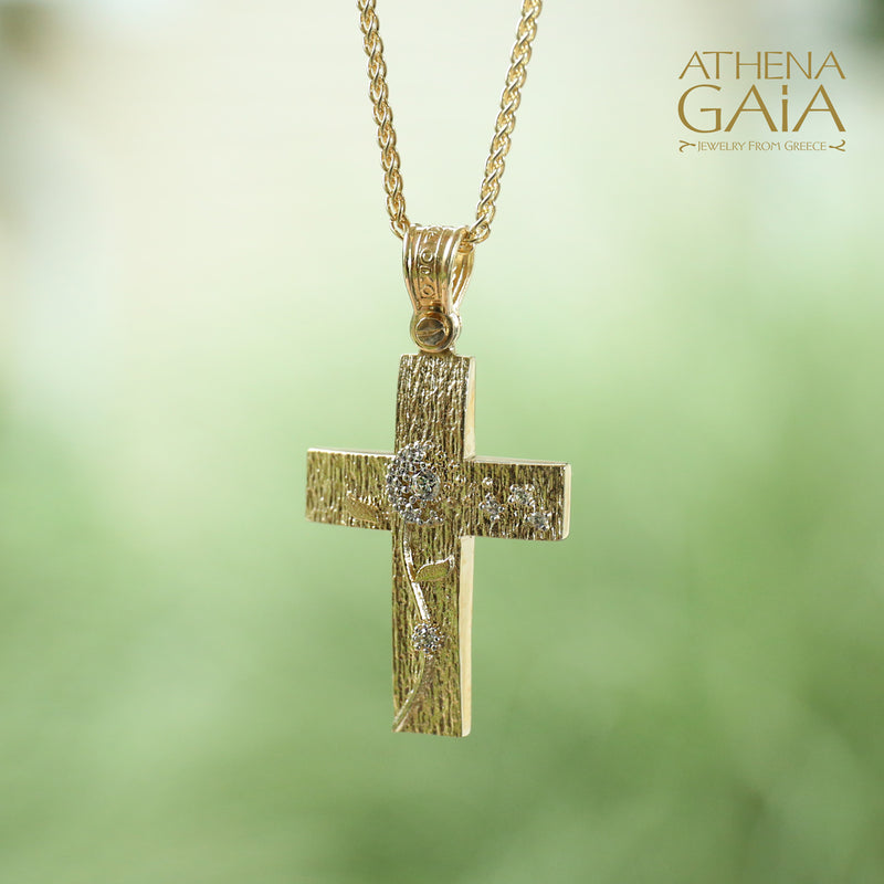 Flower Cross - 14k Gold - Latin Cross - Baptismal Cross