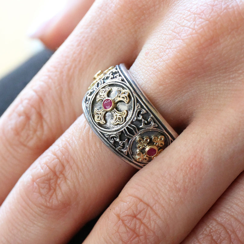 Triple Cross Eastern Ruby Ring 18k Gold & Sterling Silver Ring - Cigar Band Ring