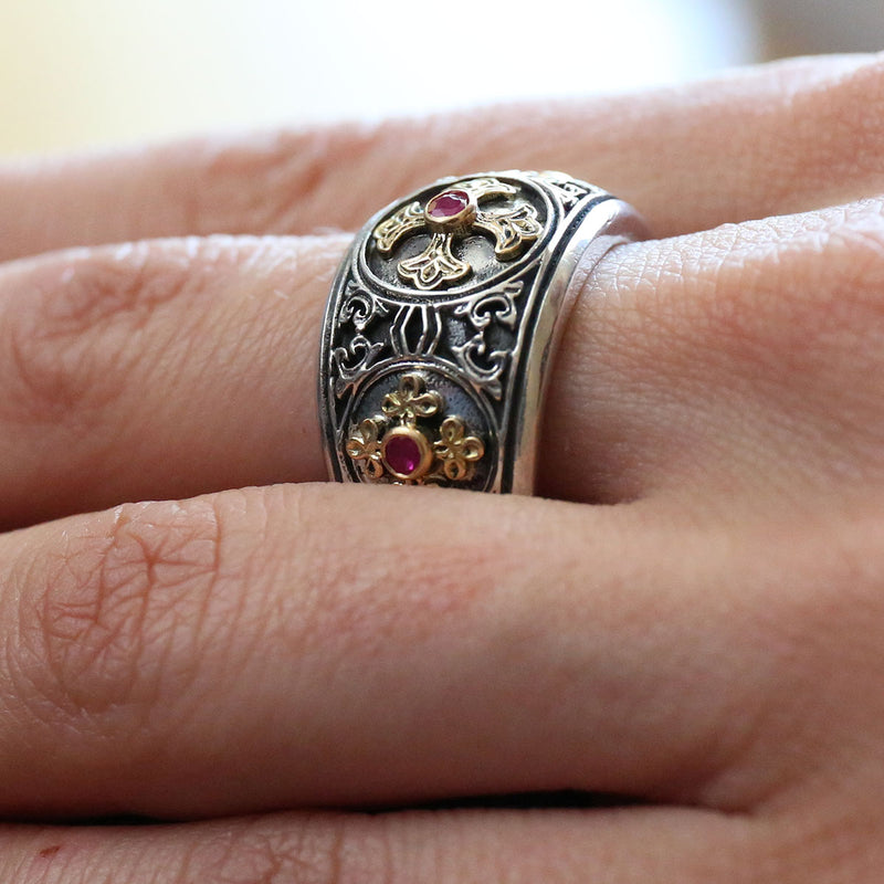 Triple Cross Eastern Ruby Ring 18k Gold & Sterling Silver Ring - Cigar Band Ring