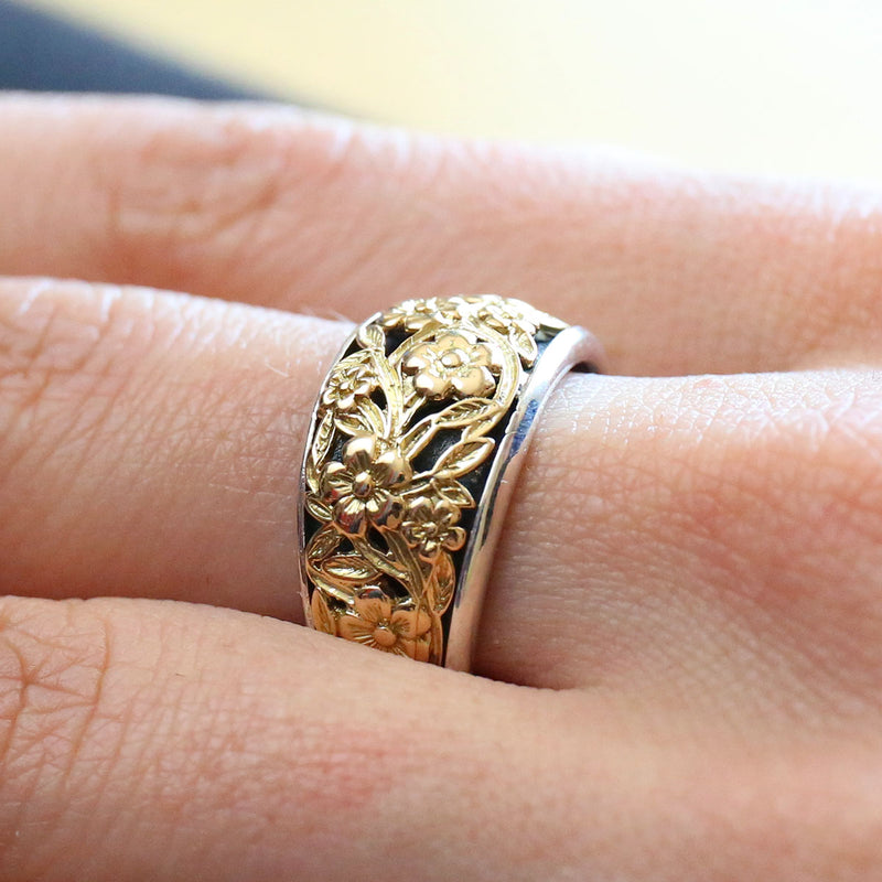 Meadow Shadows Ring - 18k Gold & Sterling Silver Ring - Cigar Band Ring