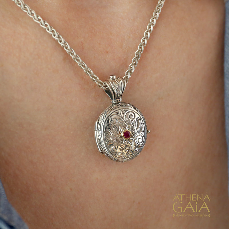 Silver Etched Floral Ruby Locket Pendant - 18k Gold & Sterling Silver Pendant