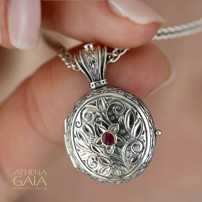 Silver Etched Floral Ruby Locket