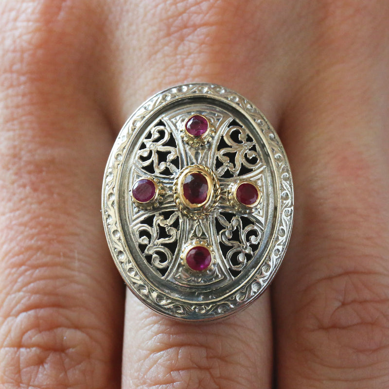Gerochristo Five Stone Ruby Cross Ring - 18k Gold & Sterling Silver - Cocktail Ring