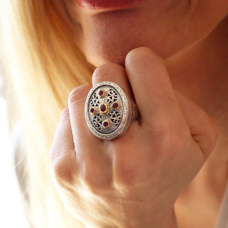 Gerochristo Five Stone Ruby Cross Ring - 18k Gold & Sterling Silver - Cocktail Ring