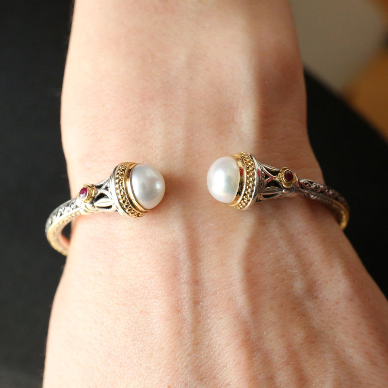 Santorini Pearl Cap Bracelet - 18k Gold and Sterling Silver - Hinged Bangle Bracelet