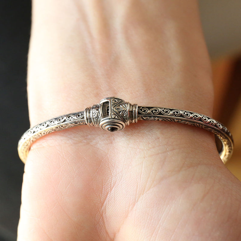 Santorini Pearl Cap Bracelet - 18k Gold and Sterling Silver - Hinged Bangle Bracelet