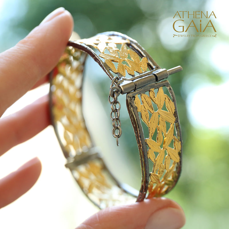 Olive Grove Open Hinged Bracelet - Gold Plated Sterling Silver - Cuff Bracelet