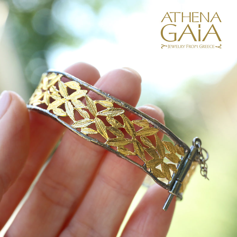 Olive Grove Open Hinged Bracelet - Gold Plated Sterling Silver - Cuff Bracelet