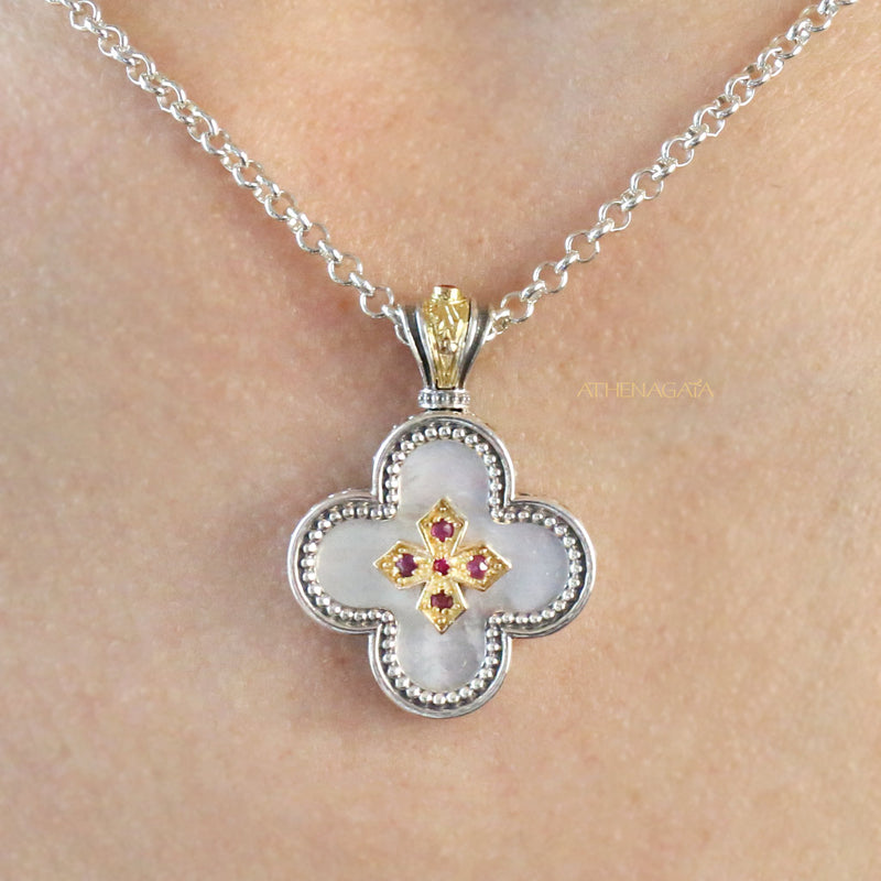 Mother of Pearl Rounded Greek Cross - 18k Gold & Sterling Silver - Orthodox Cross Necklace