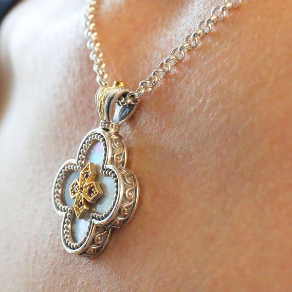 Mother of Pearl Rounded Greek Cross - 18k Gold & Sterling Silver - Orthodox Cross Necklace