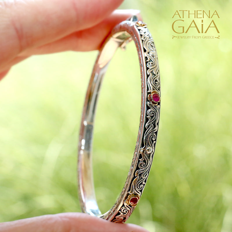 Nefeli Rubies Bracelet- 18k Gold and Sterling Silver - Hinged Bangle Bracelet