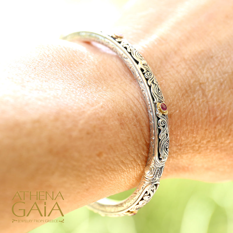 Nefeli Rubies Bracelet- 18k Gold and Sterling Silver - Hinged Bangle Bracelet