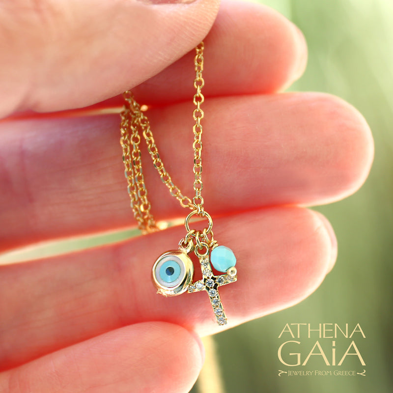 Turquoise Cross Mati Cluster Gold Necklace - 14k Gold Necklace - Evil Eye Necklace