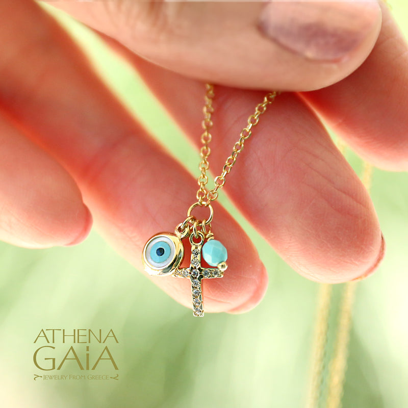 Turquoise Cross Mati Cluster Gold Necklace - 14k Gold Necklace - Evil Eye Necklace